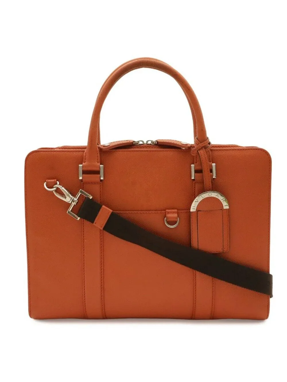 Bvlgari Man Business Briefcase Documents Purse Leather Orange Silver